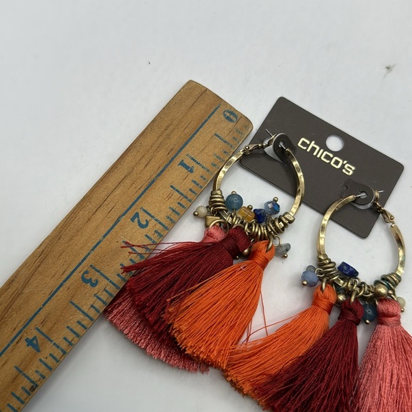 NWT Chicos Multicolor Tassel Hoop Drop Dangle Earrings Boho Hippie Orange Pink - Picture 7 of 8